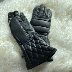 Women Vintage Long Gloves - Black Faux leather- waffle weave - Padded Cuff